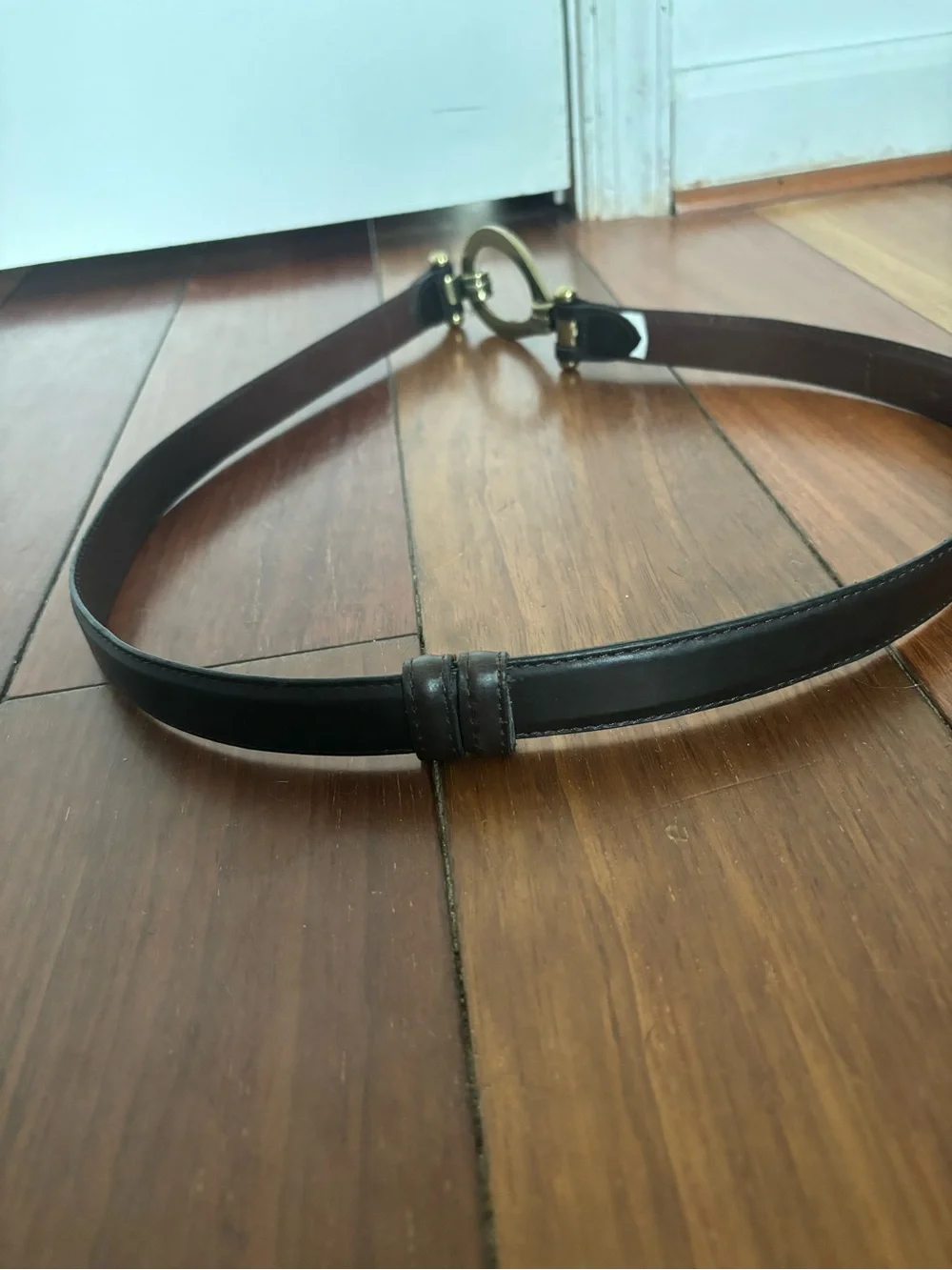 Brown Leather Belt w/ Gold Hook Hardware M/L - Picture 2 of 7